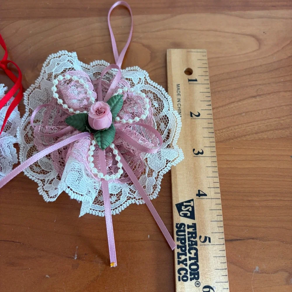 Vintage Handmade‎ Lace Ornaments Set 3 Victorian Rose Pearl Wreath Shabby Chic